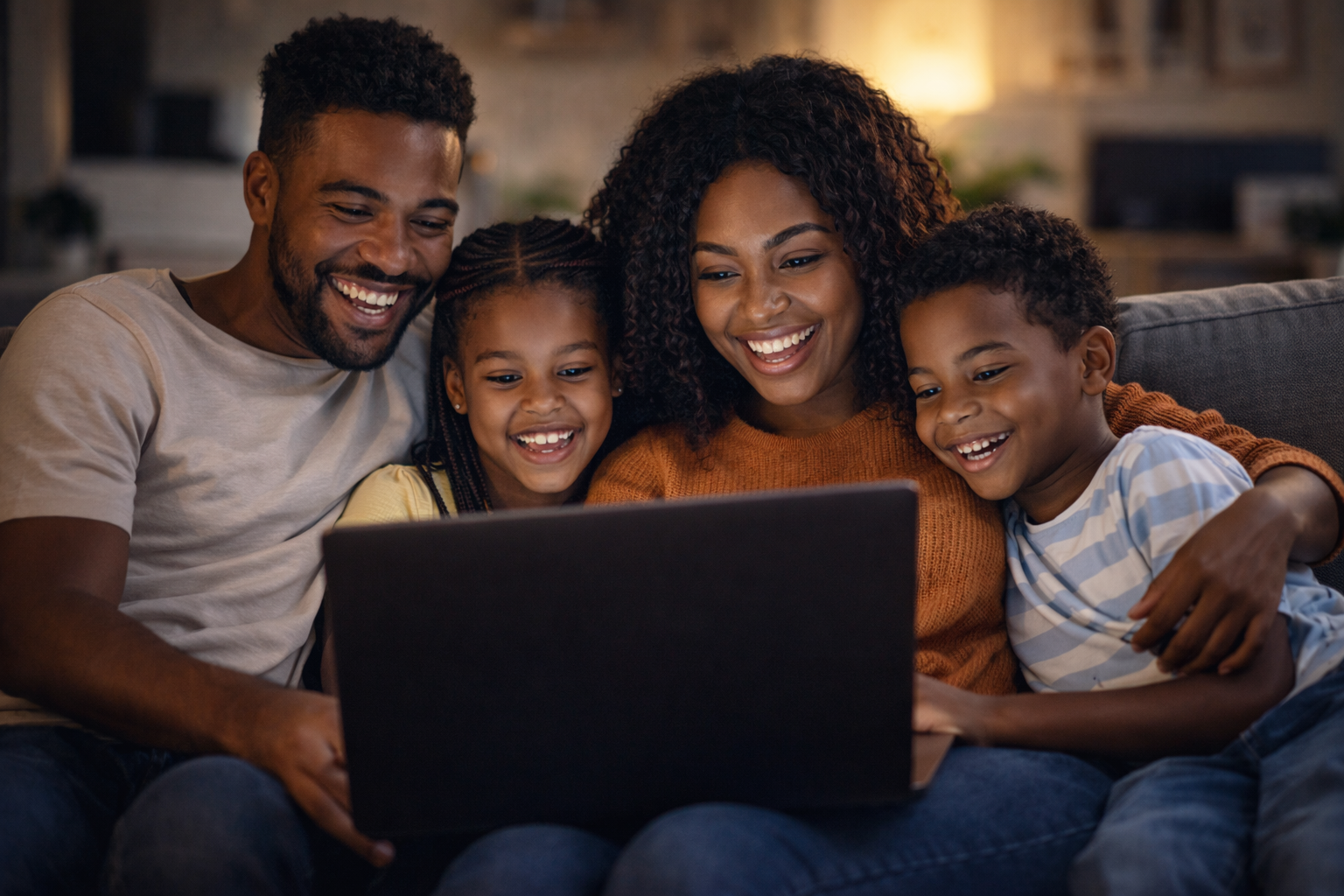 family africain enjoying while watching movie on laptop at home